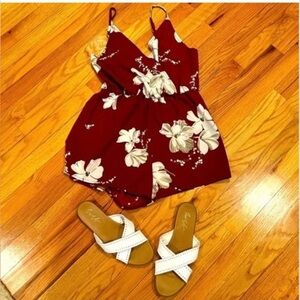 SHEIN Floral Burgundy Sleeveless Romper with White Flowers